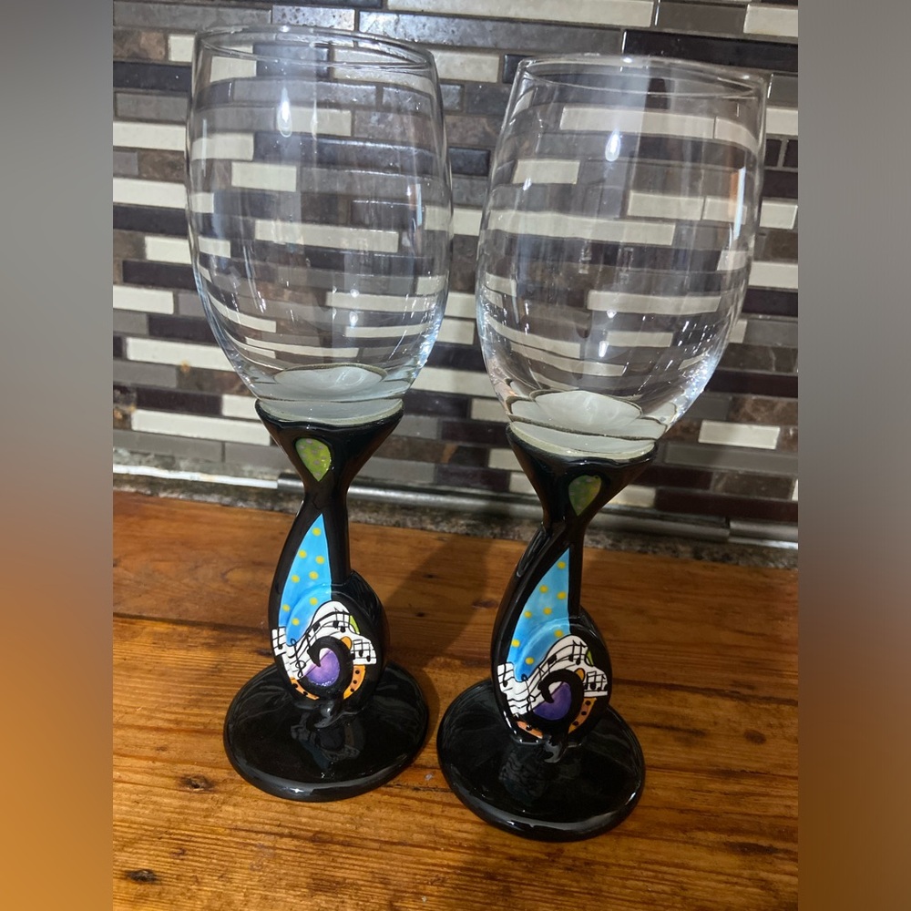 Rhapsody Cafe Musical Design Handpainted Music Notes Stem Ware Wine Glasses Rare